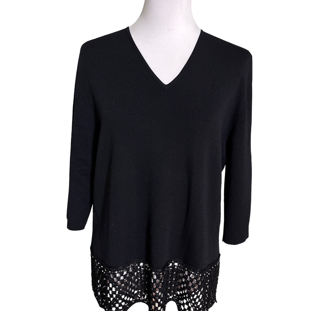 Joseph A Black V-Neck Sweater with Crochet Detail